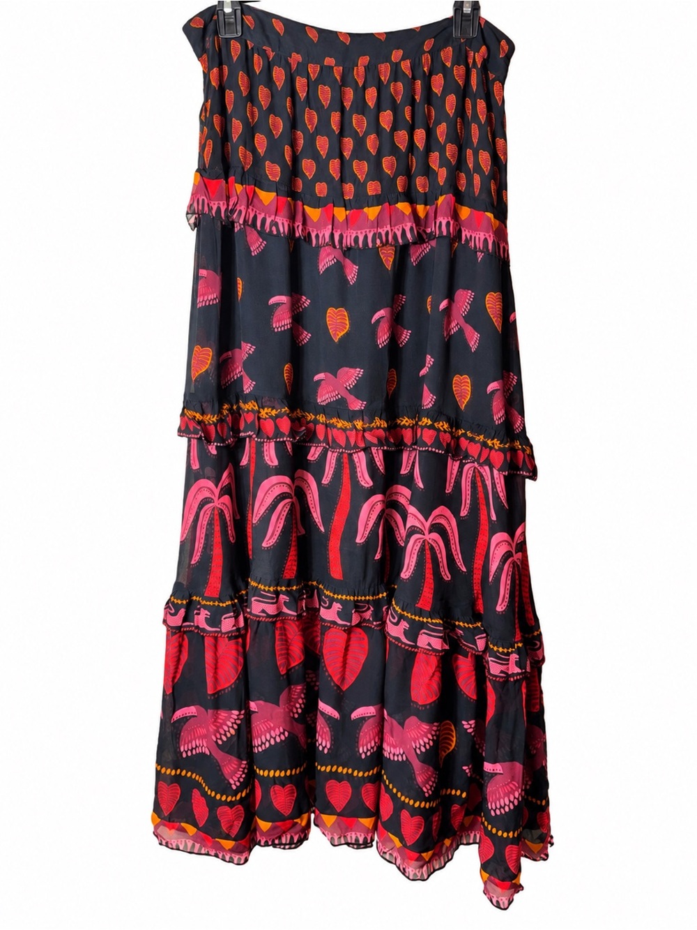 FARM Rio Night Jungle Tiered Maxi Skirt Black Pink Tropical Birds Hearts Size L